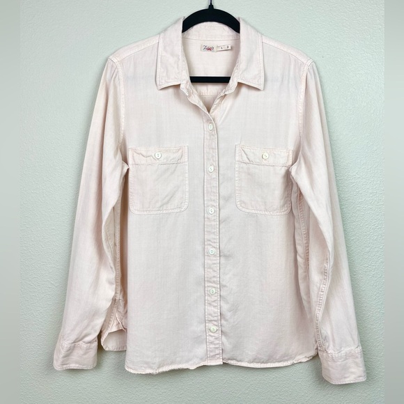 FAHERTY Women's Large Tried & True Chambray Shirt Peach Whip Collar Linen Blend - Picture 2 of 16